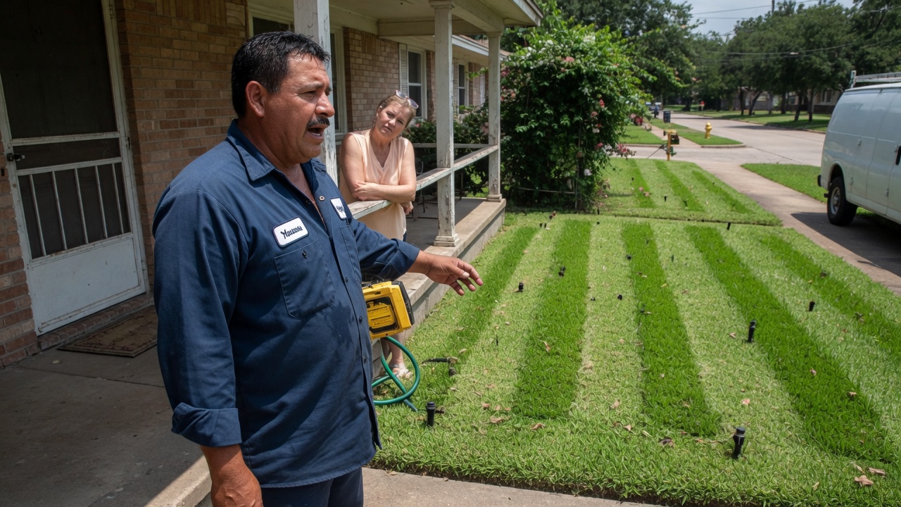 Irrigation Pro technician talking with a Houston homeowner