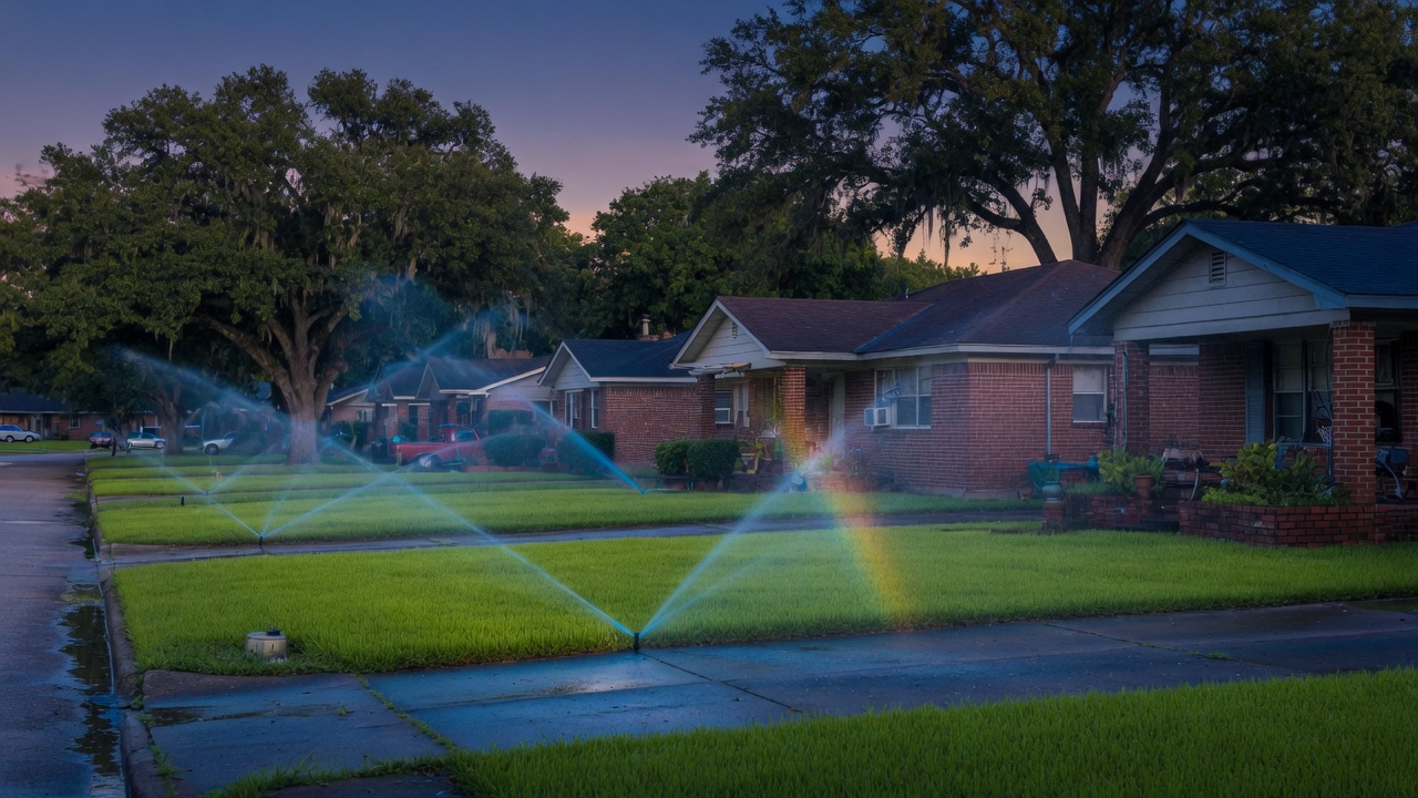 Houston neighborhood lawns with sprinklers running