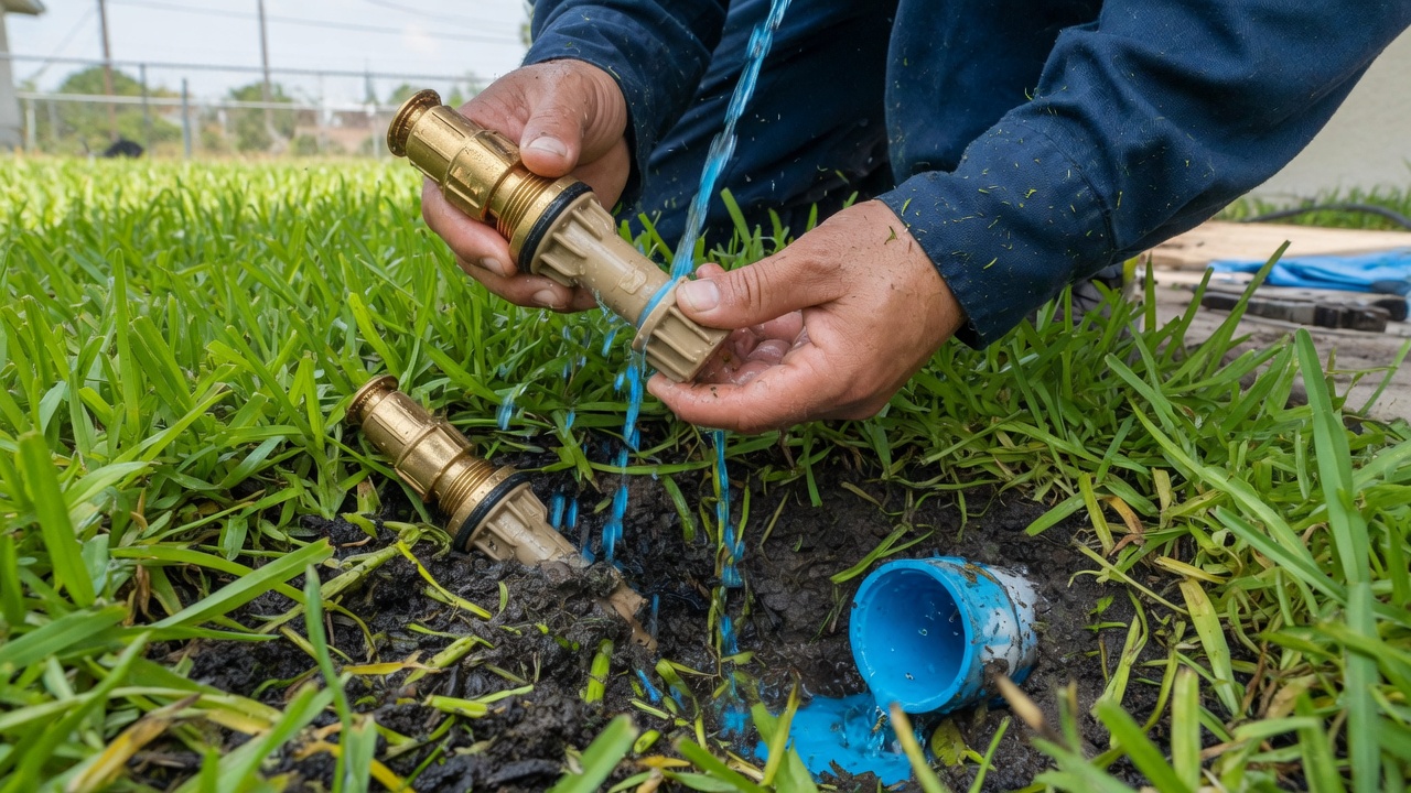 Technician replacing a lawn sprinkler head on a Houston lawn